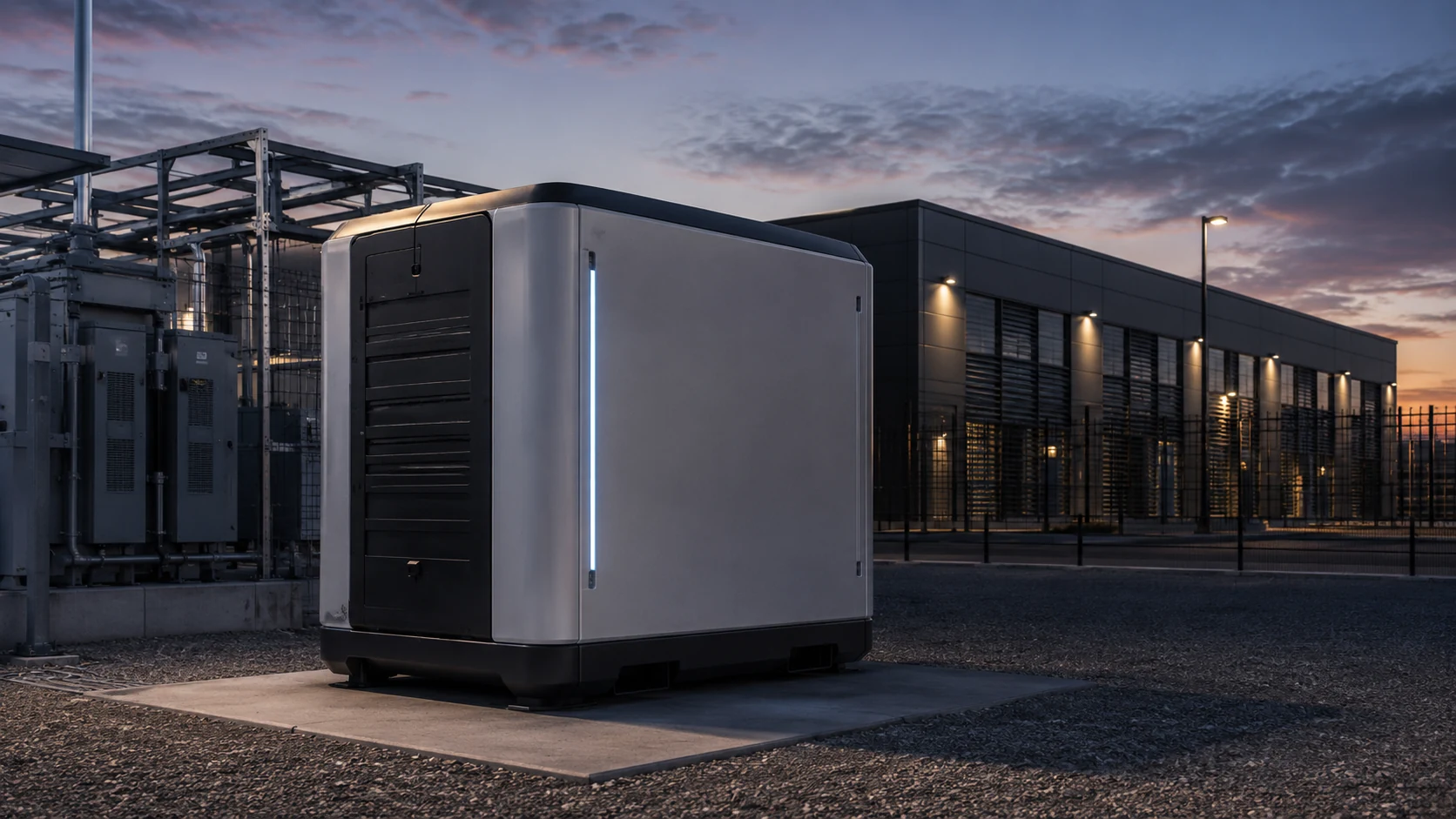 Conceptual visualization of an Energy Pod beside AI data-center infrastructure